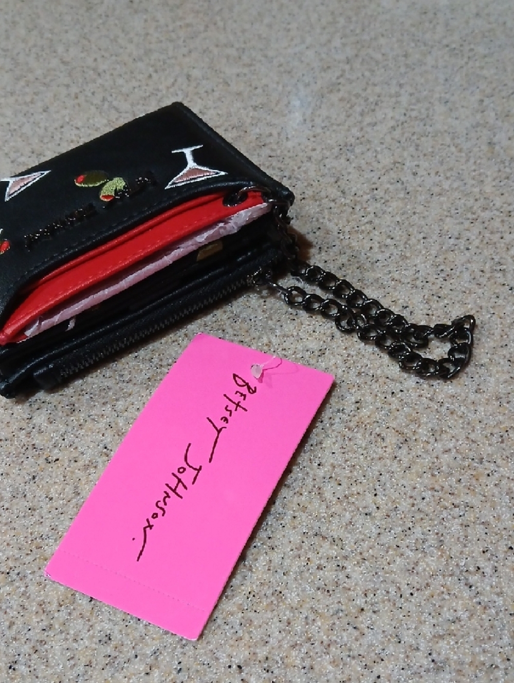 Betsey Johnson Black Wallet with Pink Lining and Cocktail Embroidery - Picture 4 of 7